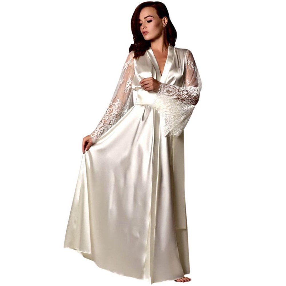 Silky Satin Off White Bathrobe With Elegant Flared Lace Sleeves